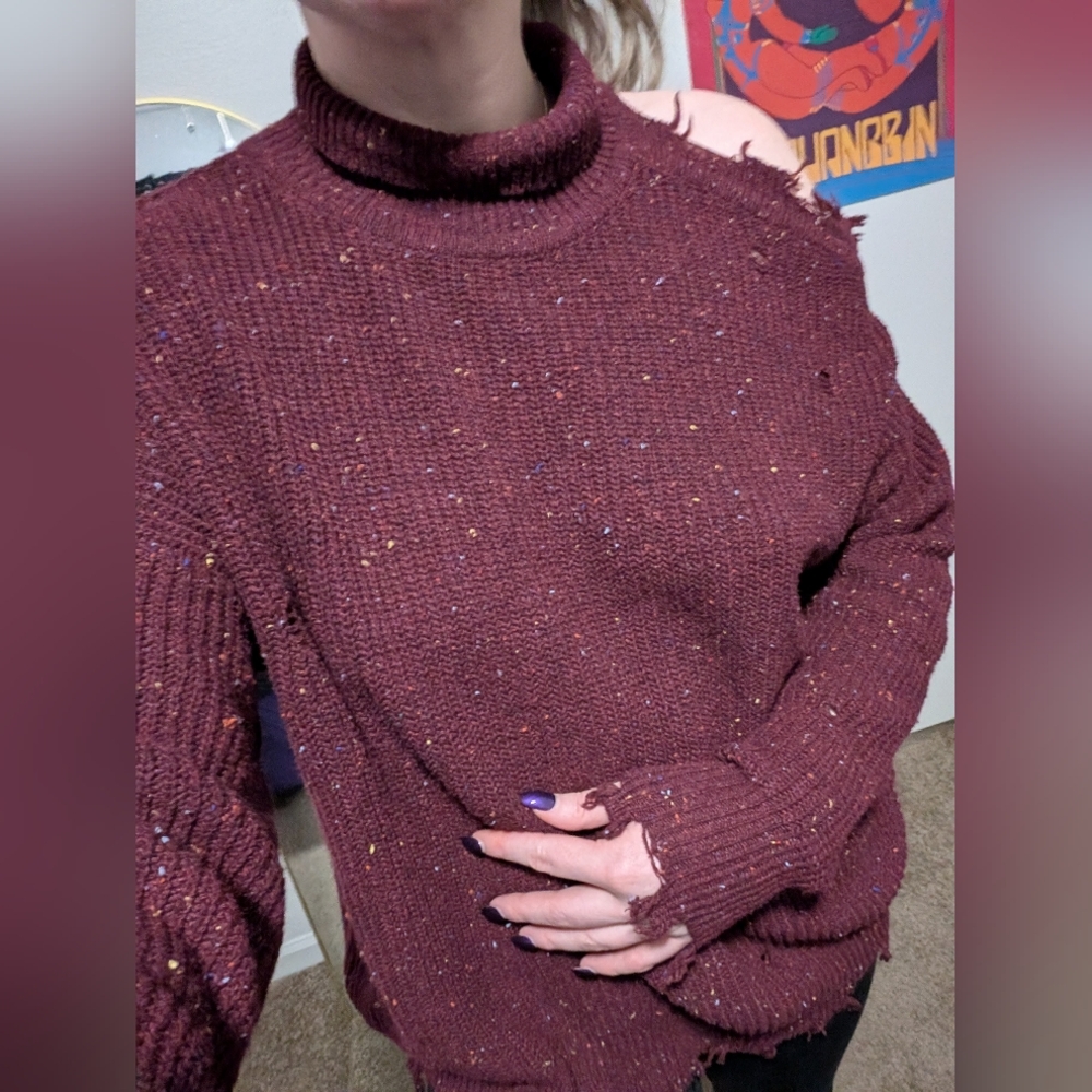 Zenana Maroon & Rainbow Distressed Crewneck Sweater